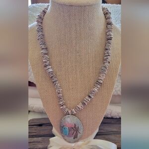 Vintage Handcrafted Silver And Turquoise Pendant With Shell Chain.